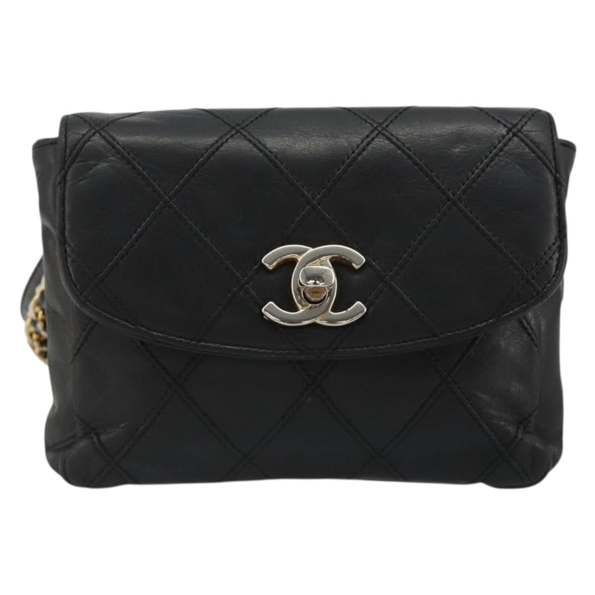 CHANEL Bicolore Waist Bag Lamb Skin Black Gold CC Auth bs35541