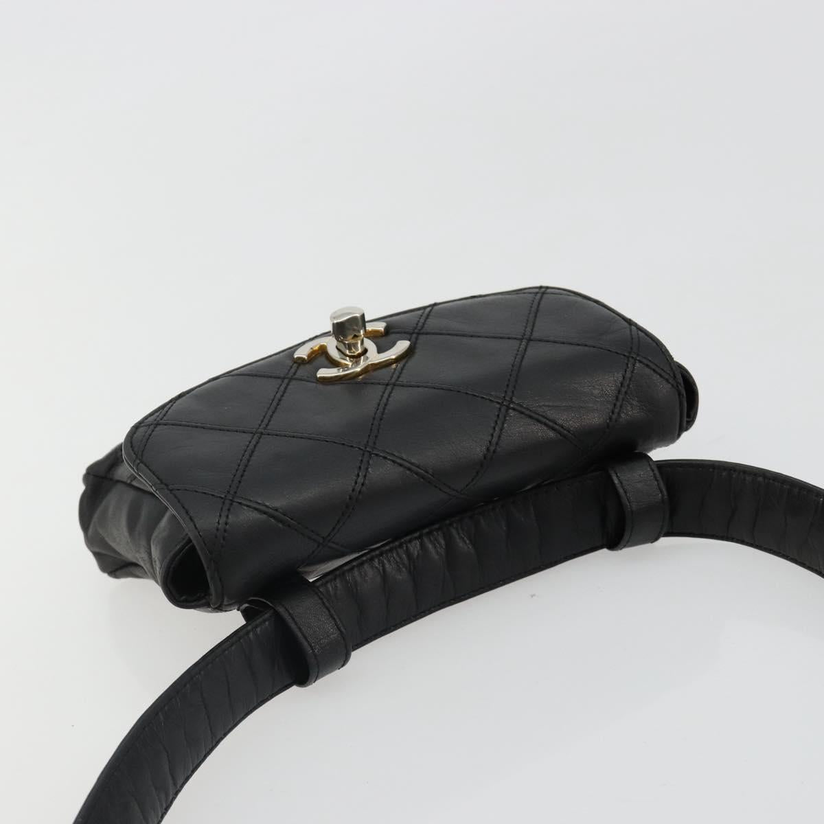 CHANEL Bicolore Waist Bag Lamb Skin Black Gold CC Auth bs35541