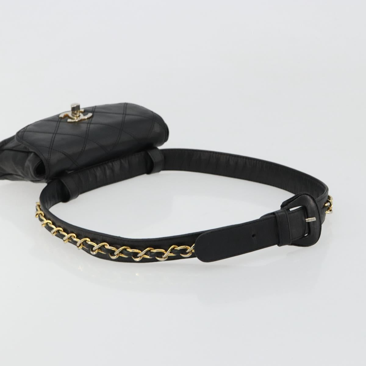 CHANEL Bicolore Waist Bag Lamb Skin Black Gold CC Auth bs35541