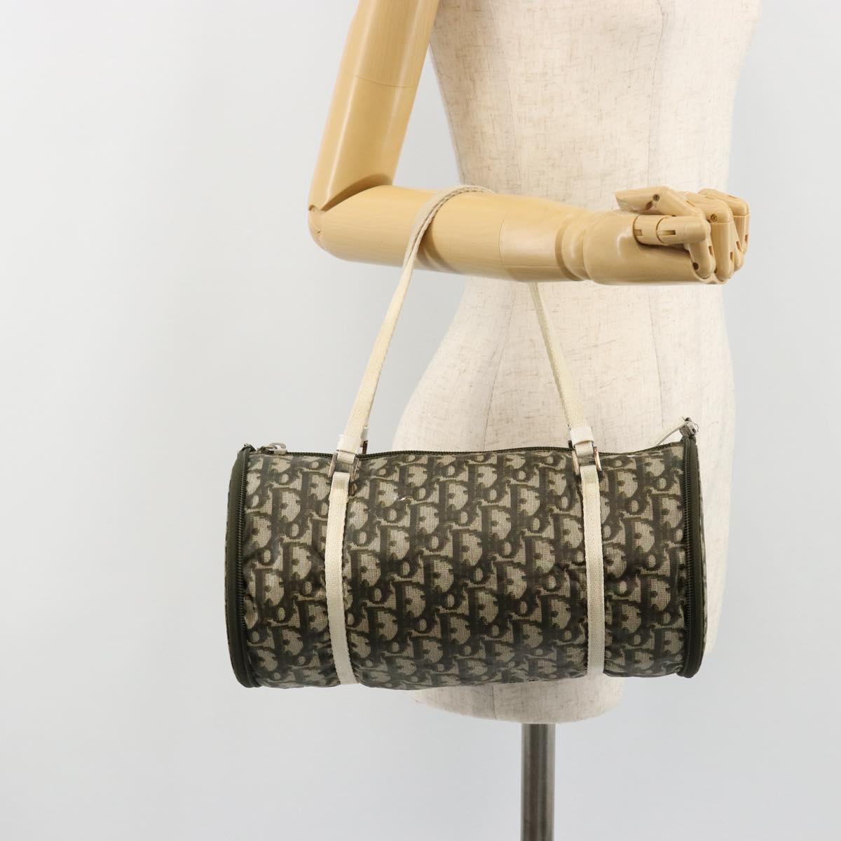 Christian Dior Trotter Canvas Hand Bag Nylon Khaki Silver Auth bs35543