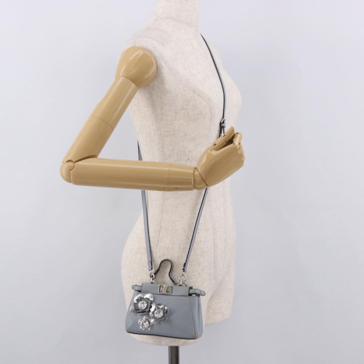 FENDI Shoulder Bag Leather 2way Light Blue Silver Auth bs35546