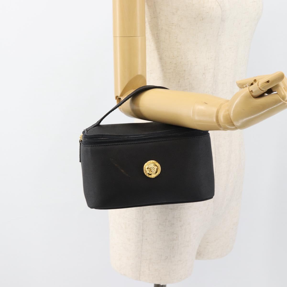Gianni Versace Vanity Hand Bag Leather Black Gold Auth bs35548