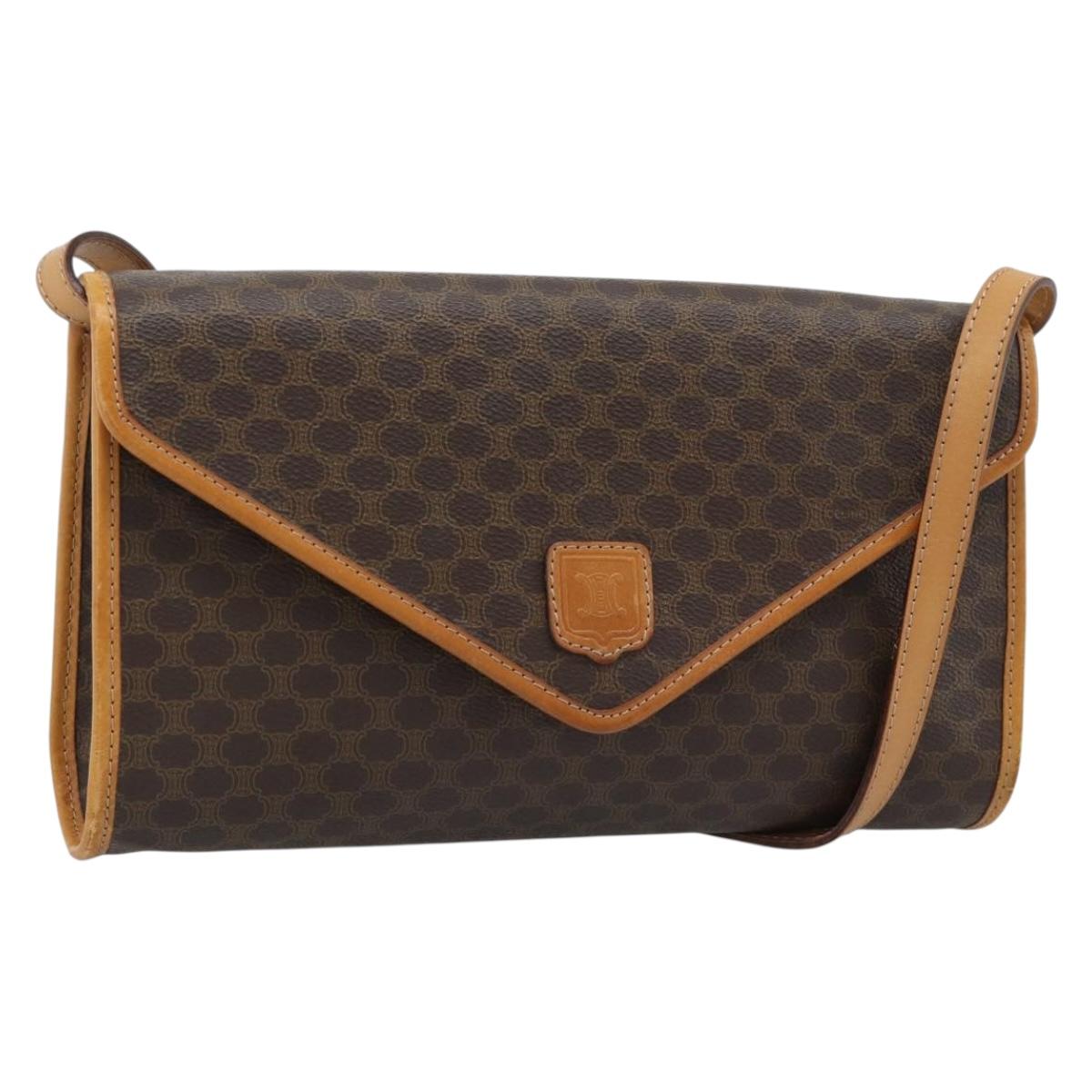 CELINE Macadam Canvas Shoulder Bag PVC Leather Brown Gold Auth bs35555