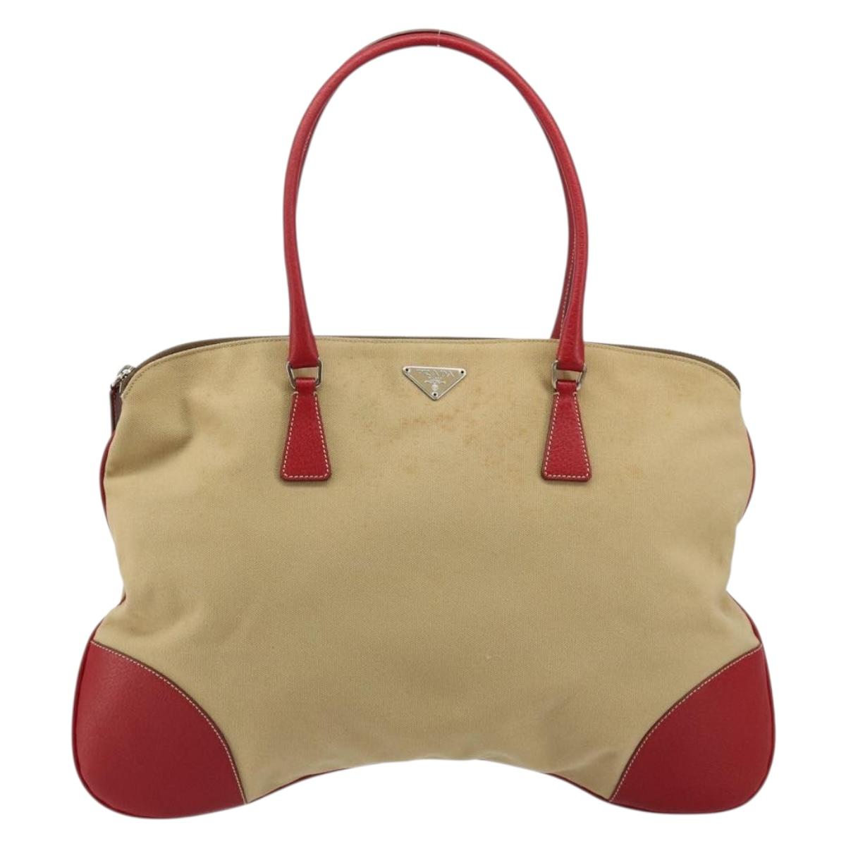 PRADA Tote Bag Canvas Beige Silver Auth bs35583