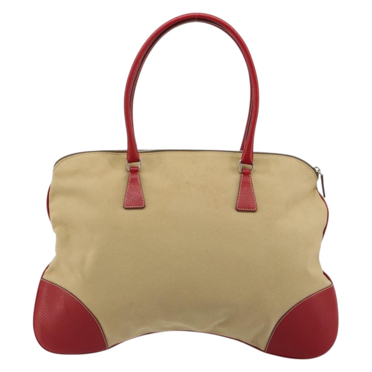 PRADA Tote Bag Canvas Beige Silver Auth bs35583