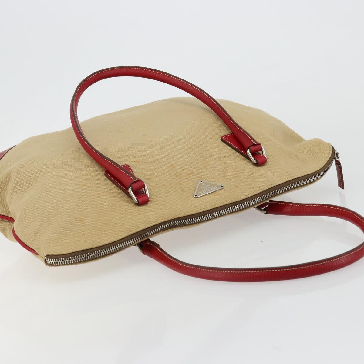 PRADA Tote Bag Canvas Beige Silver Auth bs35583