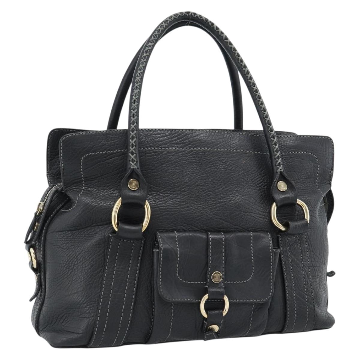 CELINE Hand Bag Leather Black Gold Auth bs35584A