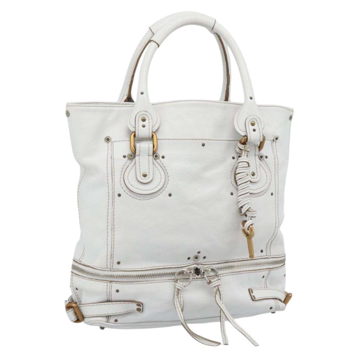 Chloe Paddington Tote Bag Leather White Gold Silver Auth bs35586A