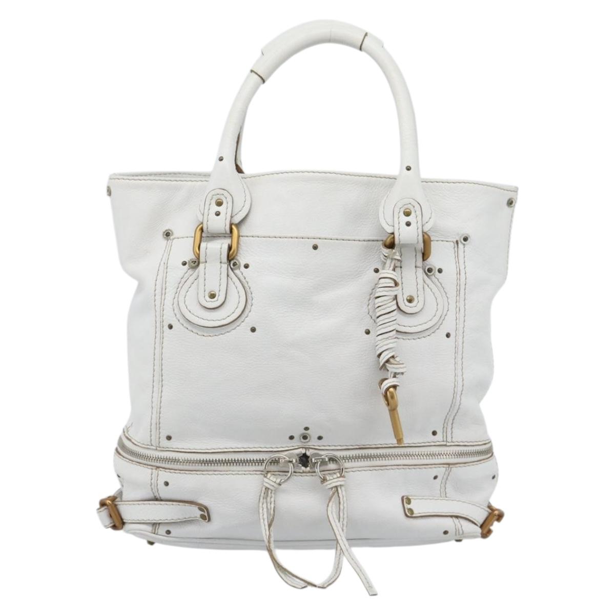 Chloe Paddington Tote Bag Leather White Gold Silver Auth bs35586A