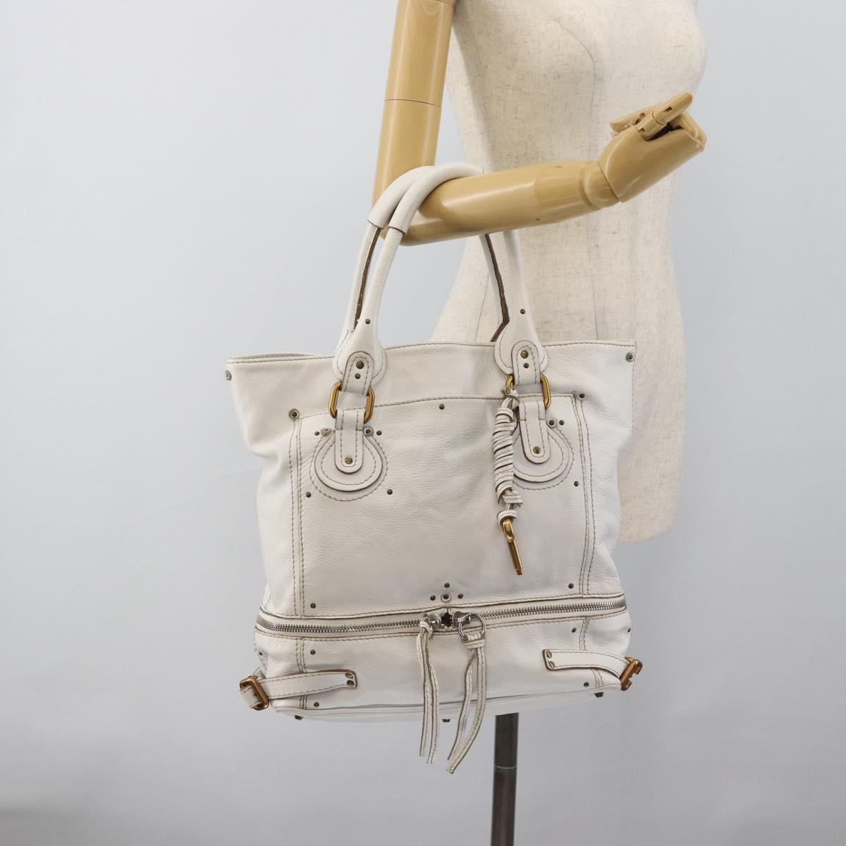 Chloe Paddington Tote Bag Leather White Gold Silver Auth bs35586A
