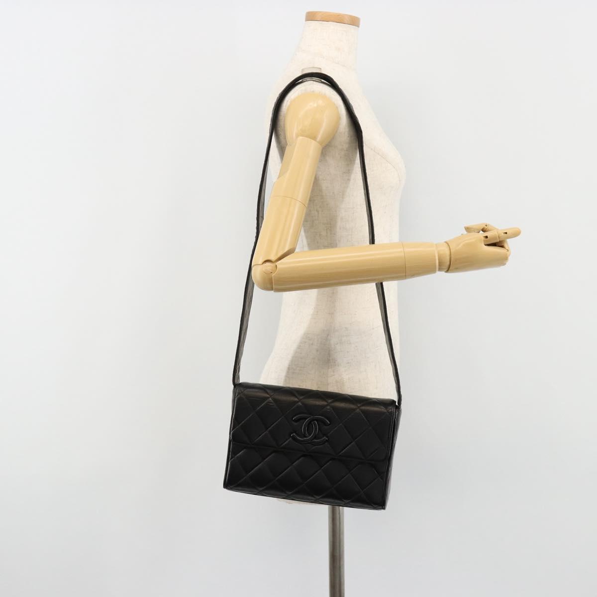 CHANEL Matelasse Shoulder Bag Lamb Skin Black Gold CC Auth bs35587