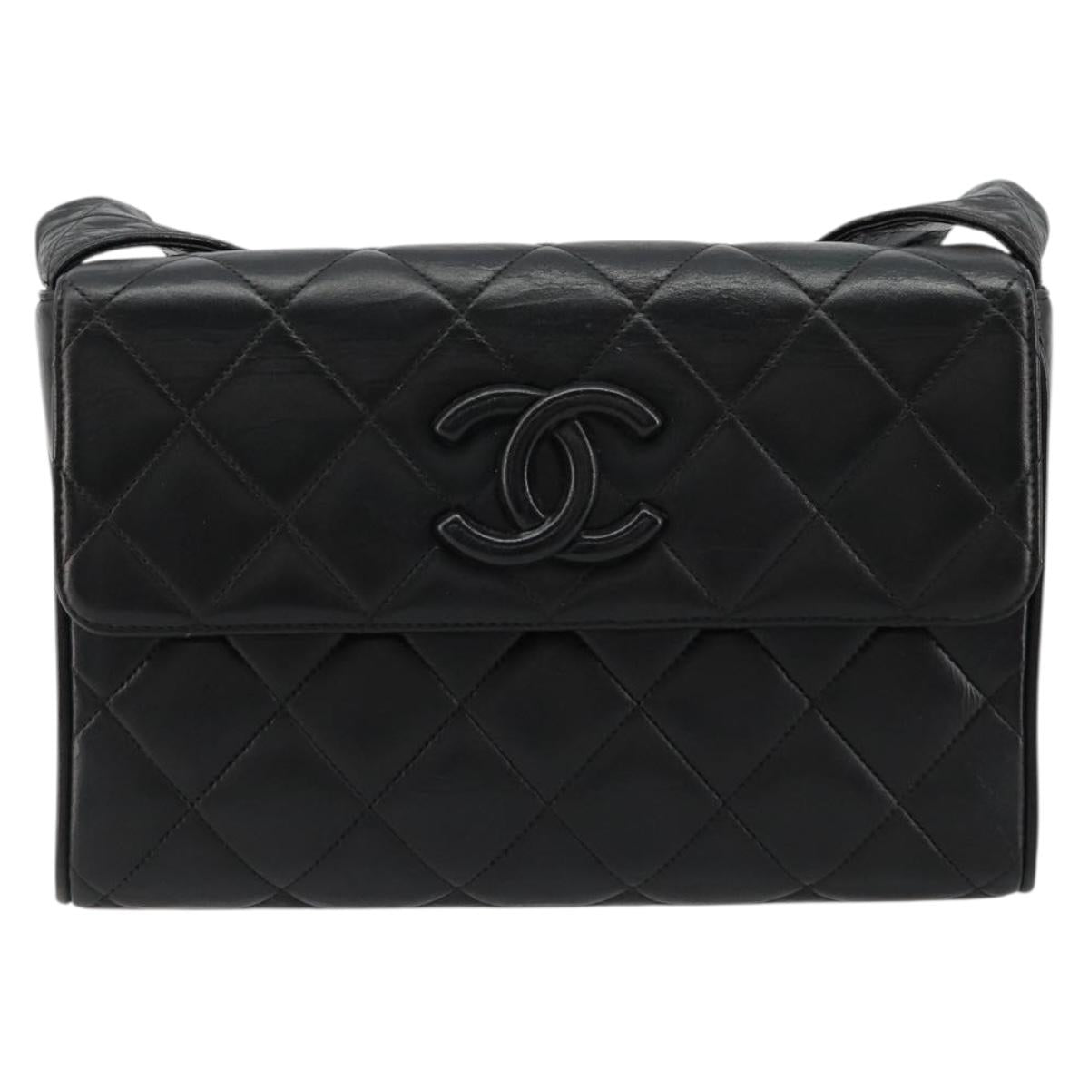 CHANEL Matelasse Shoulder Bag Lamb Skin Black Gold CC Auth bs35587