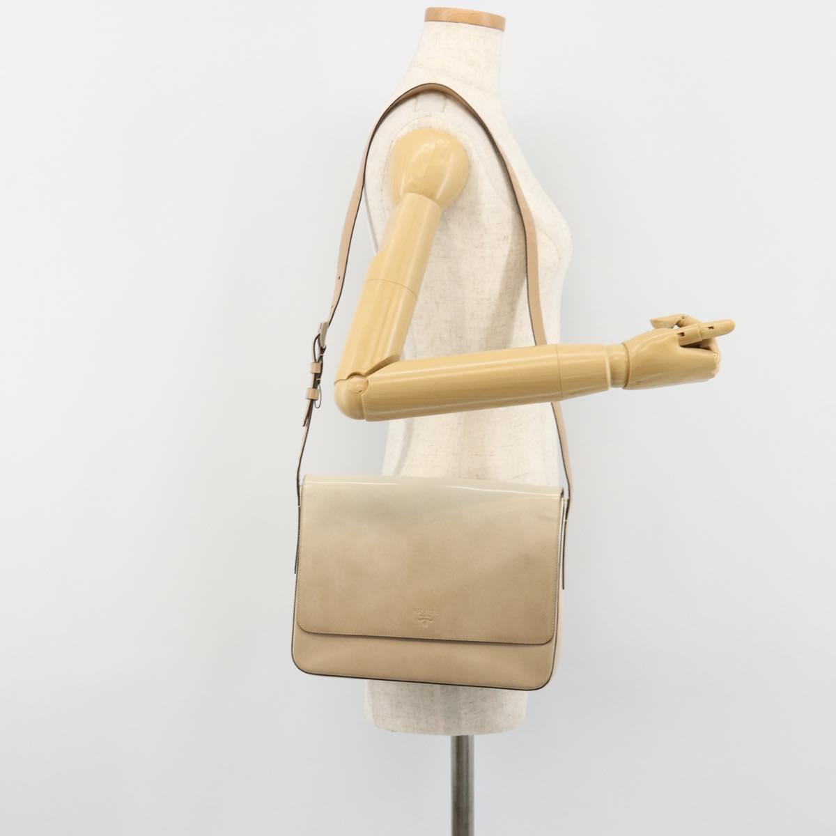 PRADA Shoulder Bag Patent leather Beige Silver Auth bs35591