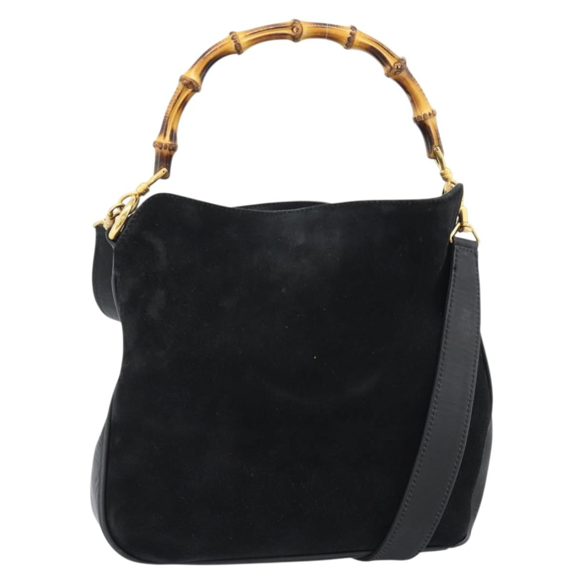 GUCCI Bamboo Shoulder Bag Suede 2way Black Gold 001 1014 1638 0 Auth bs35599