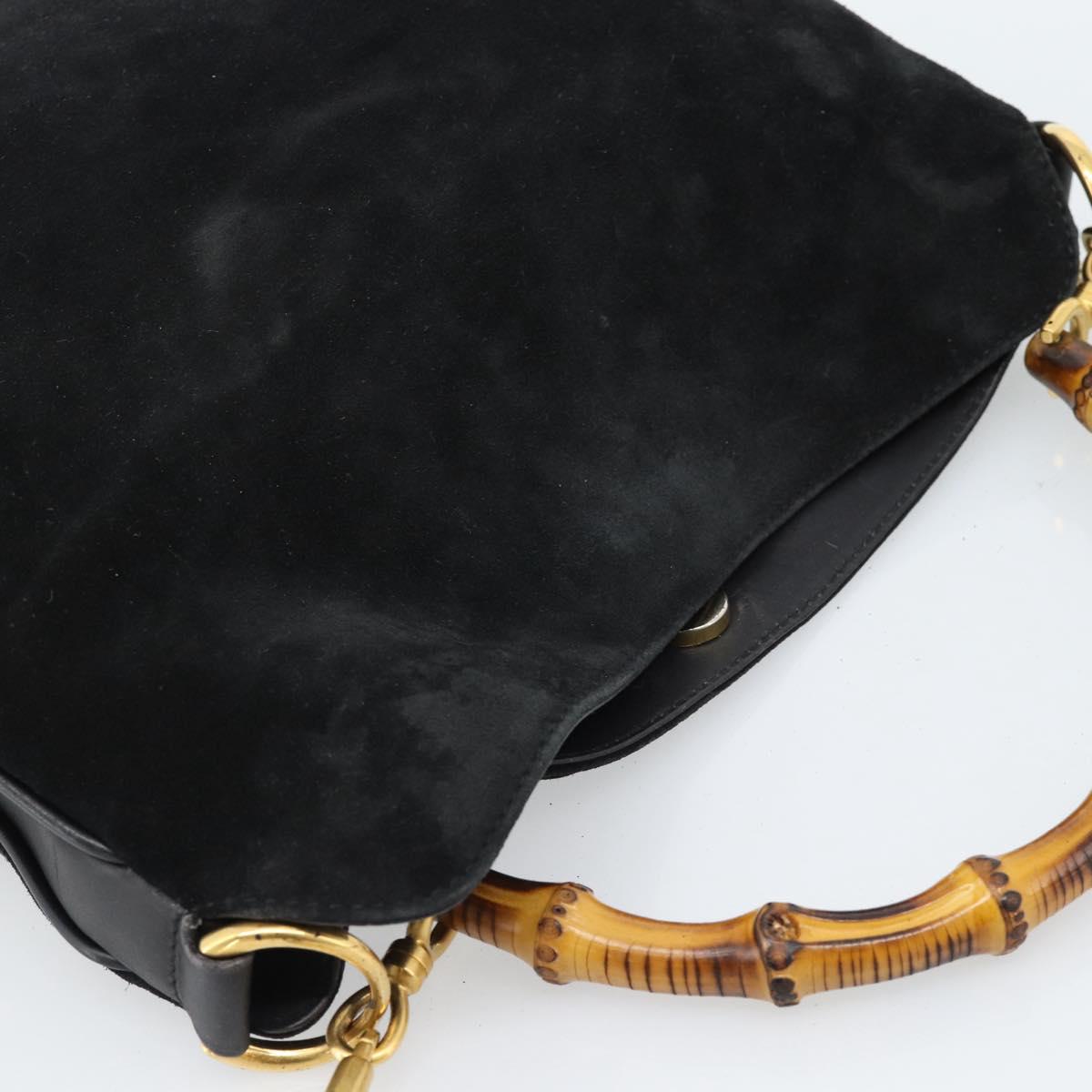GUCCI Bamboo Shoulder Bag Suede 2way Black Gold 001 1014 1638 0 Auth bs35599