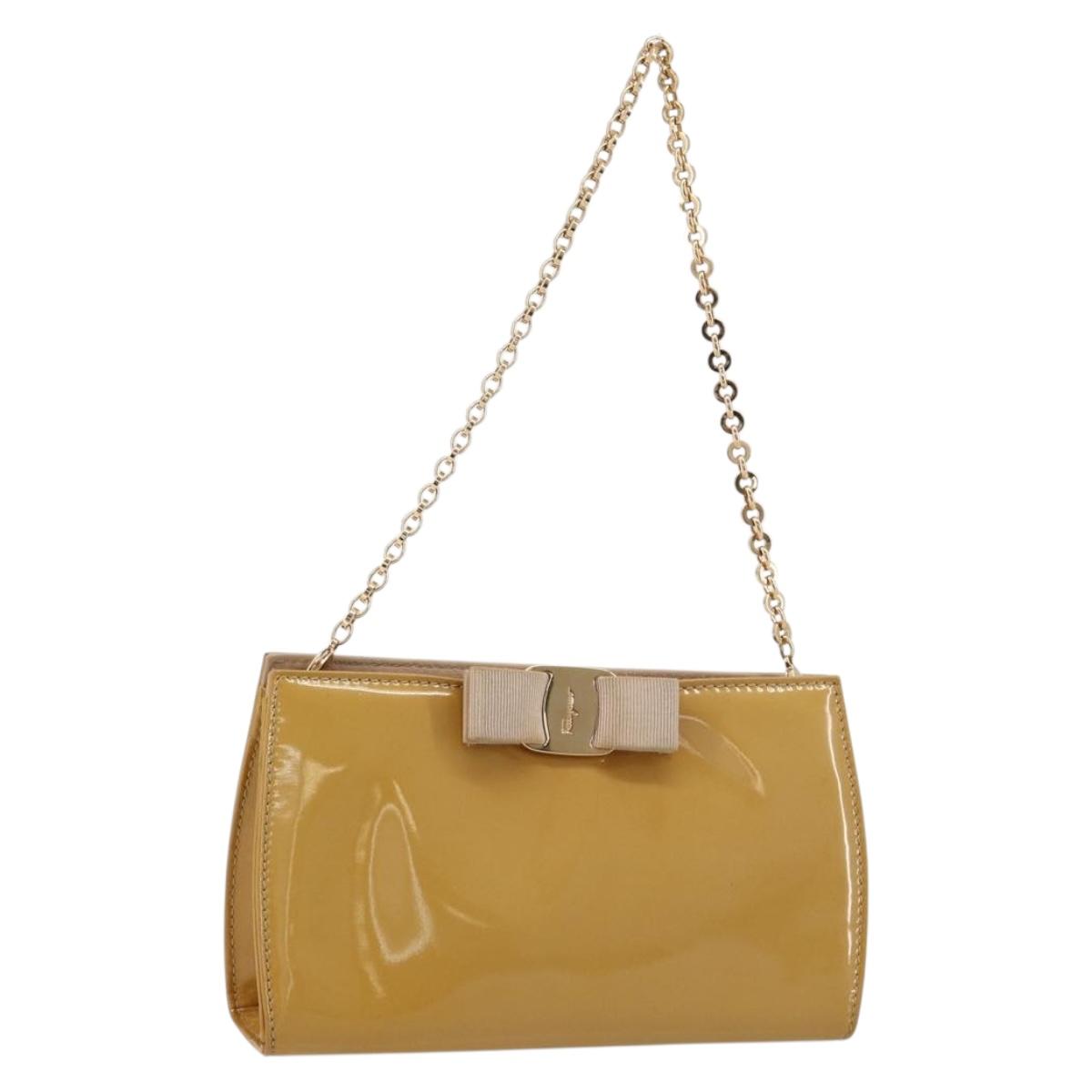 Salvatore Ferragamo Vara Ribbon Chain Bag Patent leather Beige Gold Auth bs35603