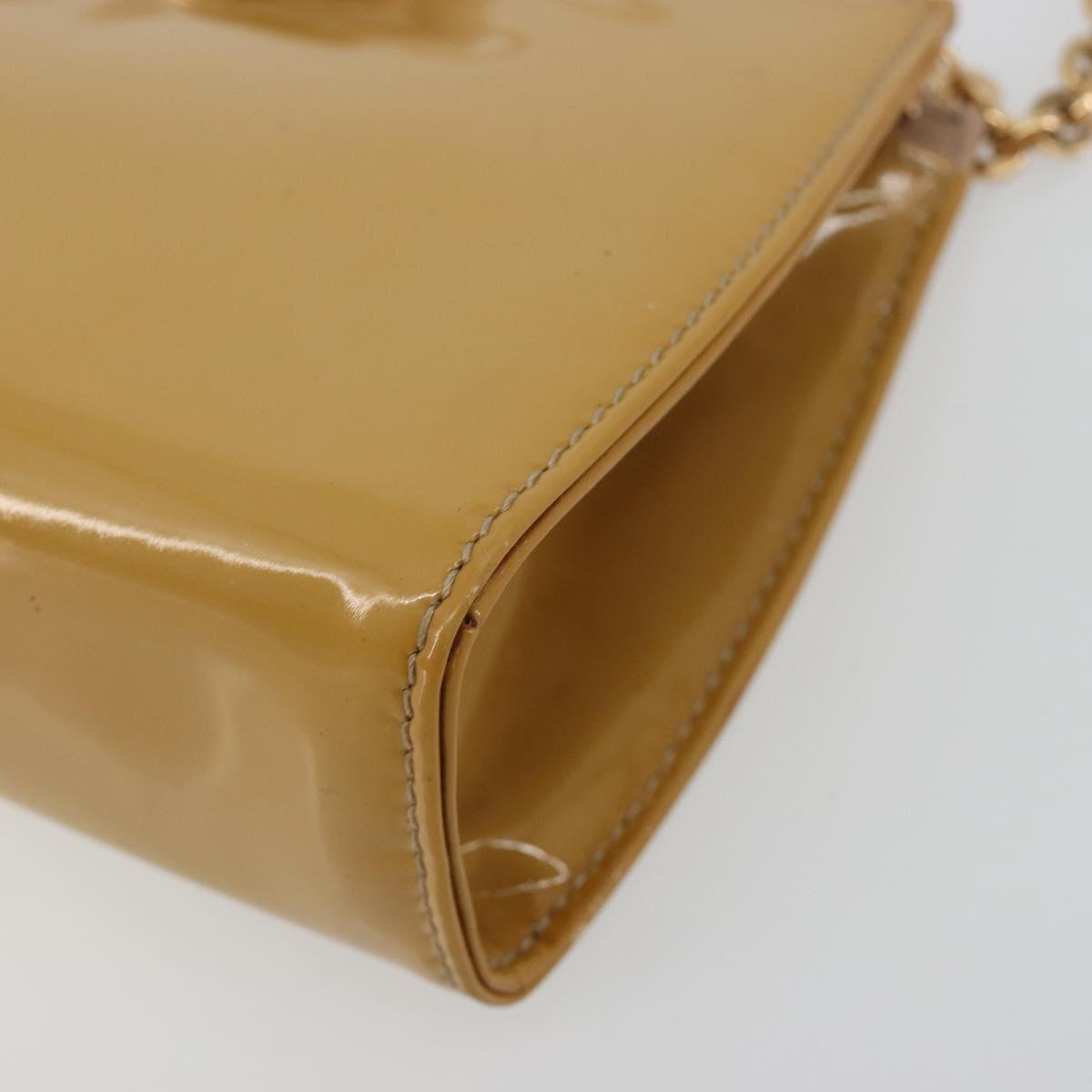 Salvatore Ferragamo Vara Ribbon Chain Bag Patent leather Beige Gold Auth bs35603