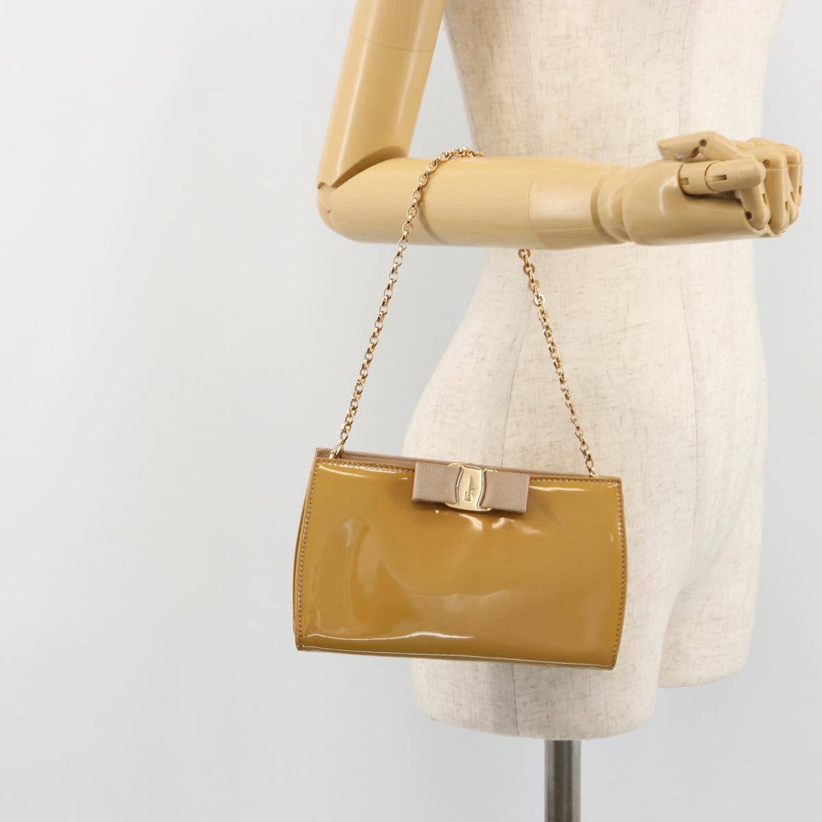 Salvatore Ferragamo Vara Ribbon Chain Bag Patent leather Beige Gold Auth bs35603