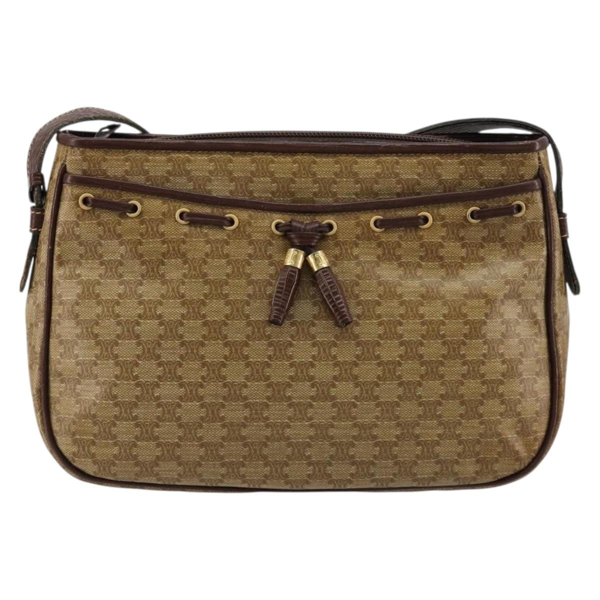 CELINE Macadam Canvas Shoulder Bag PVC Beige Gold Auth bs35608