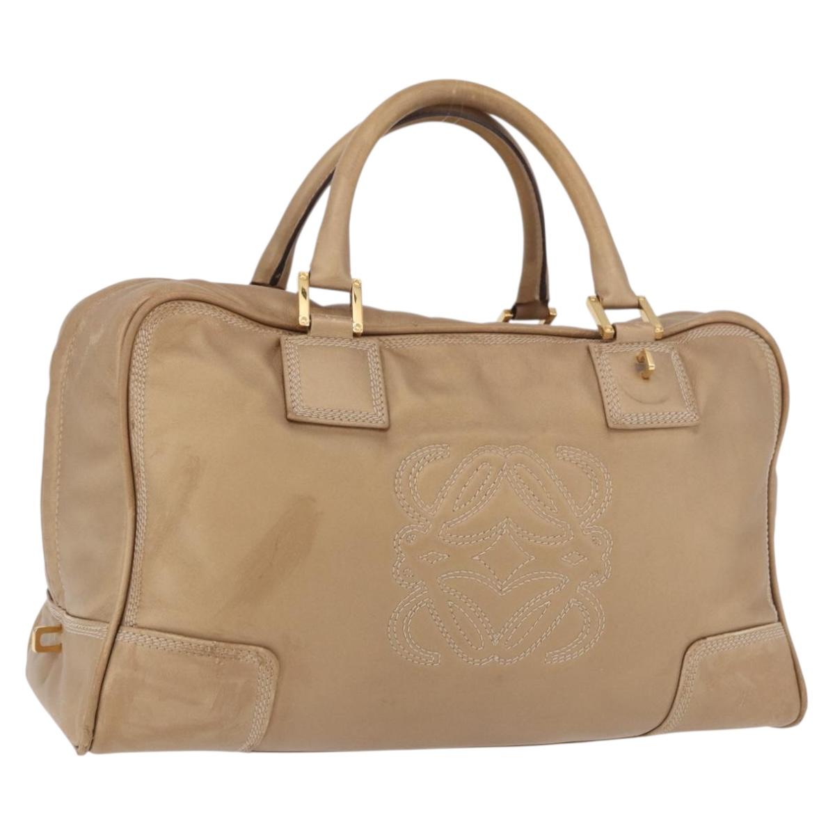 LOEWE Anagram Amazonas Hand Bag Leather Beige Gold Auth bs35616