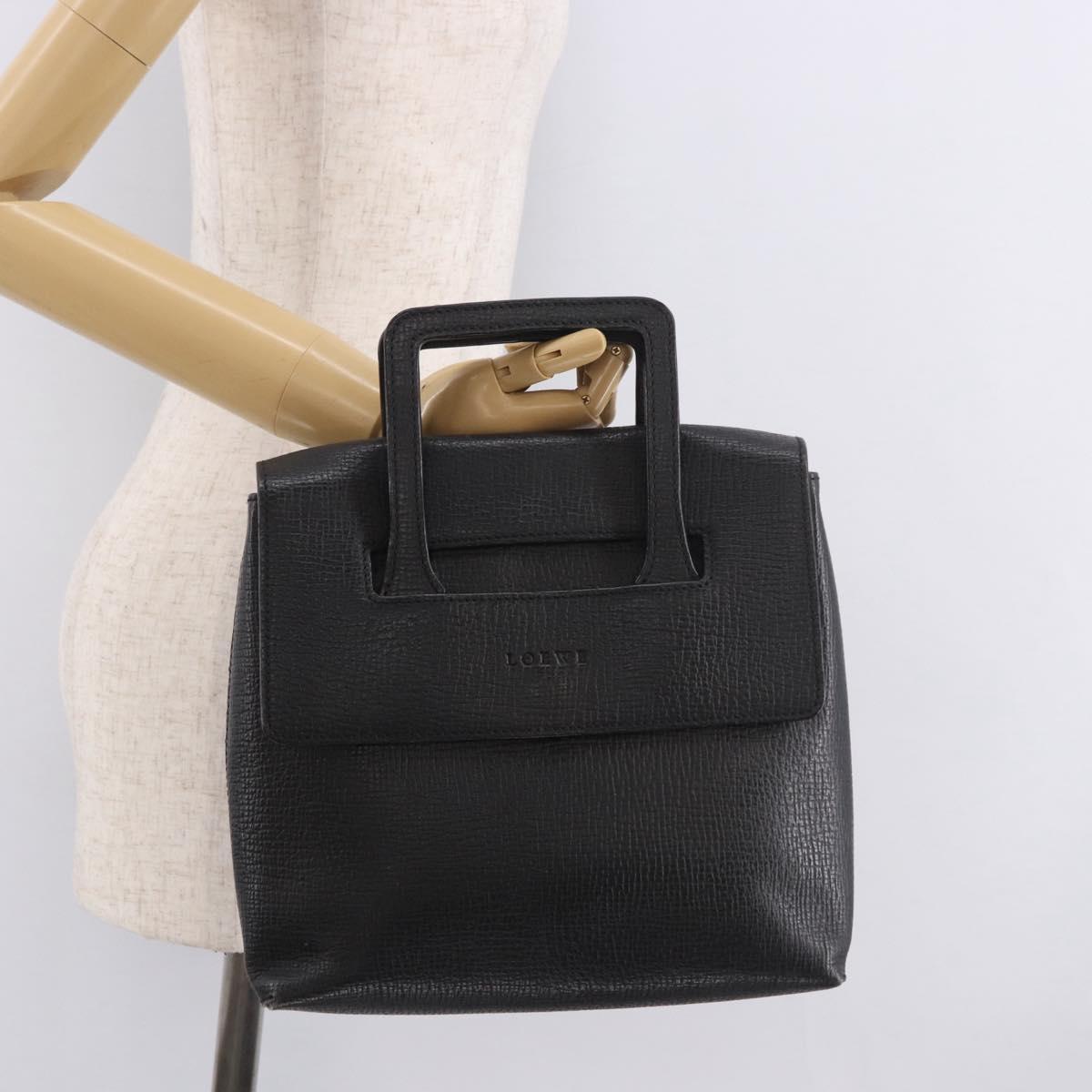 LOEWE Hand Bag Leather Black Silver Auth bs35634