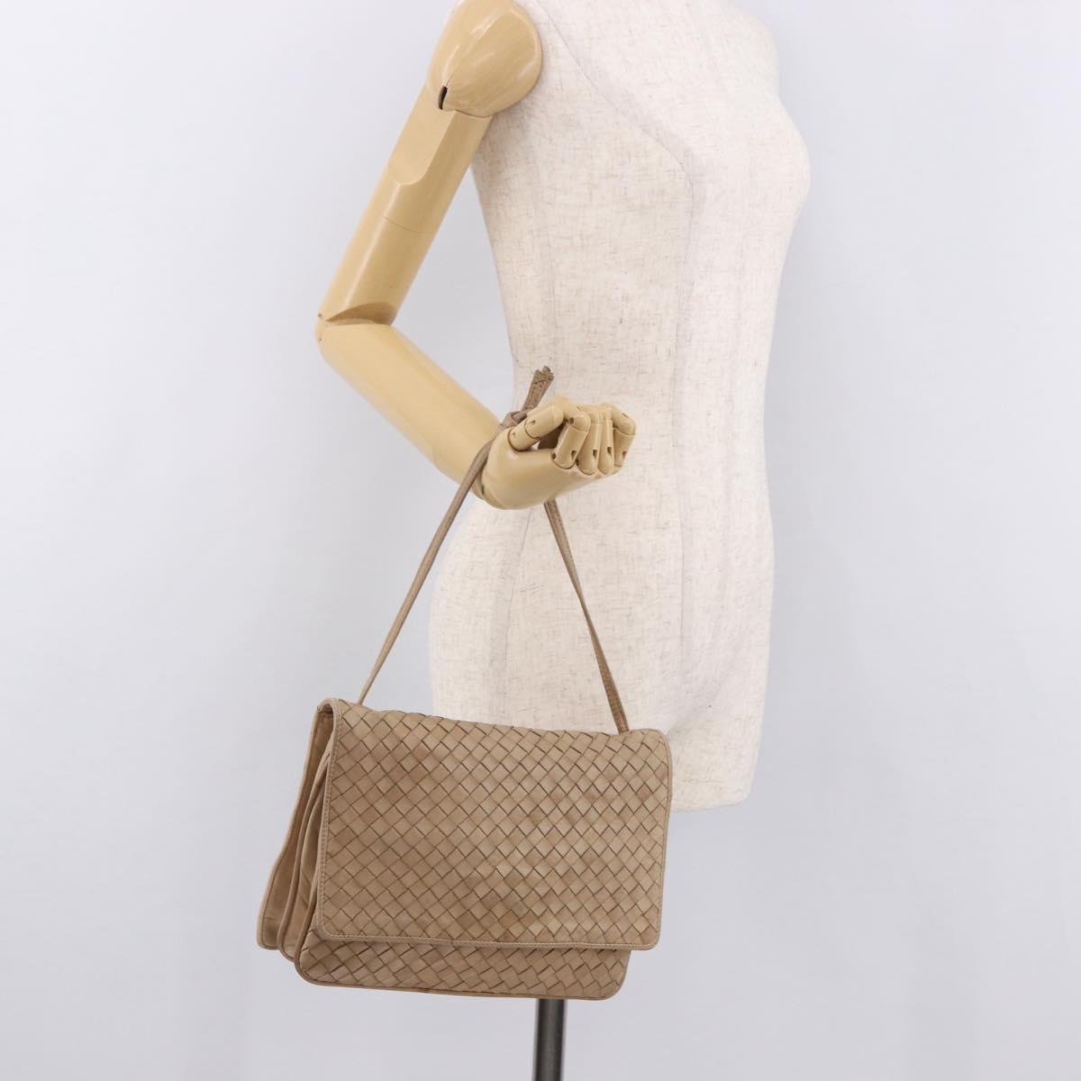 BOTTEGA VENETA INTRECCIATO Shoulder Bag Leather Beige Gold Auth bs35659