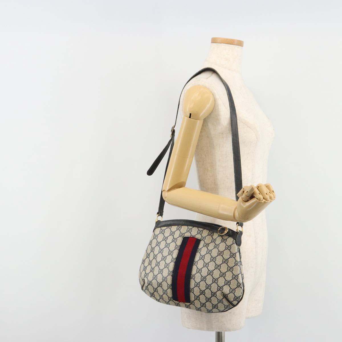 GUCCI GG Supreme Sherry Line Shoulder Bag PVC Navy Gold Auth bs35667