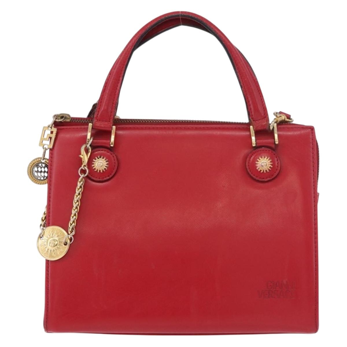 Gianni Versace Hand Bag Leather 2way Red Gold Auth bs35668