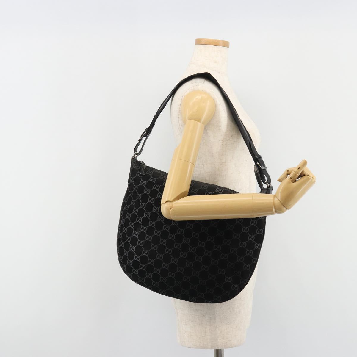 GUCCI GG Canvas Shoulder Bag Suede Black Silver 001 1206 Auth bs35669