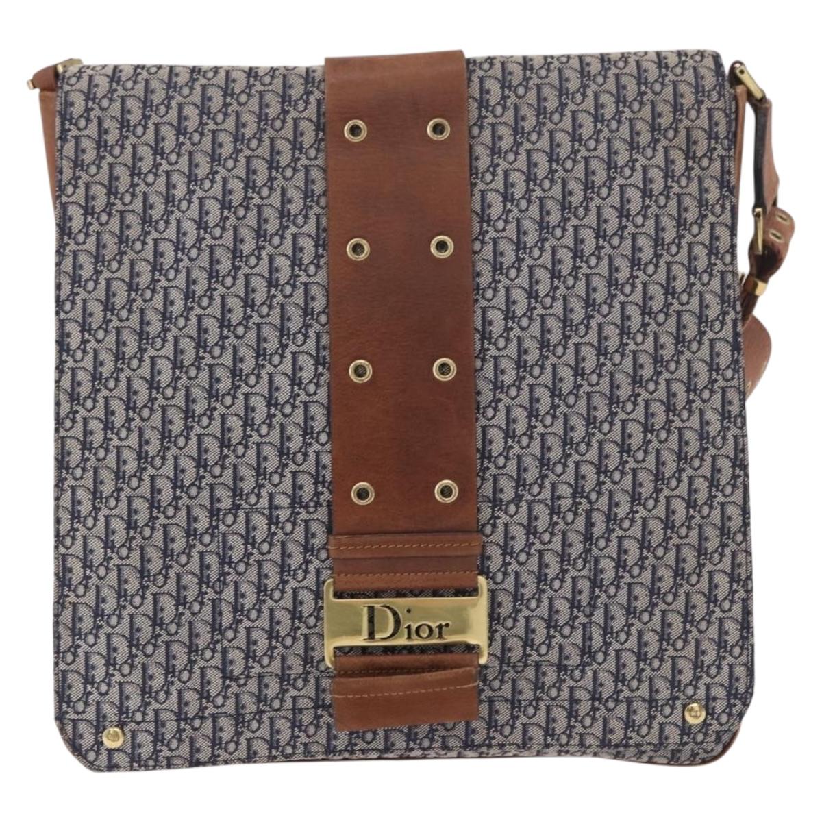 Christian Dior Trotter Canvas Shoulder Bag Navy Gold Auth bs35676A