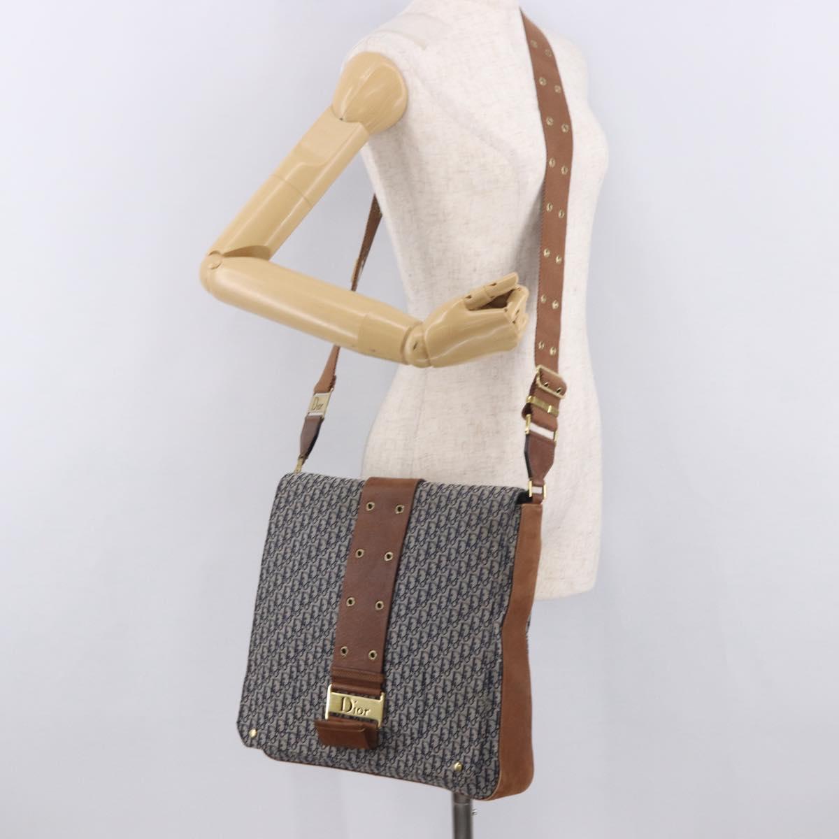 Christian Dior Trotter Canvas Shoulder Bag Navy Gold Auth bs35676A