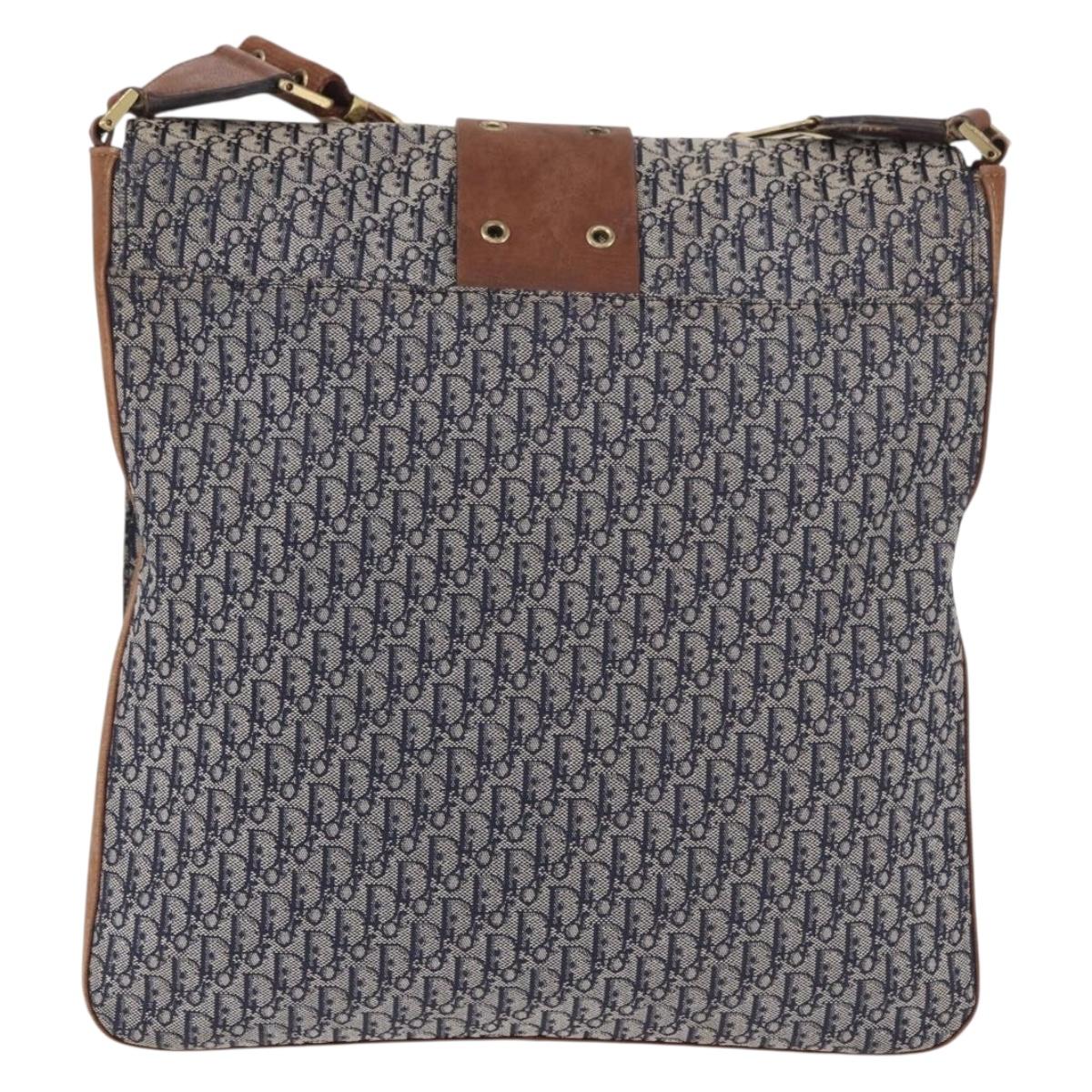 Christian Dior Trotter Canvas Shoulder Bag Navy Gold Auth bs35676A
