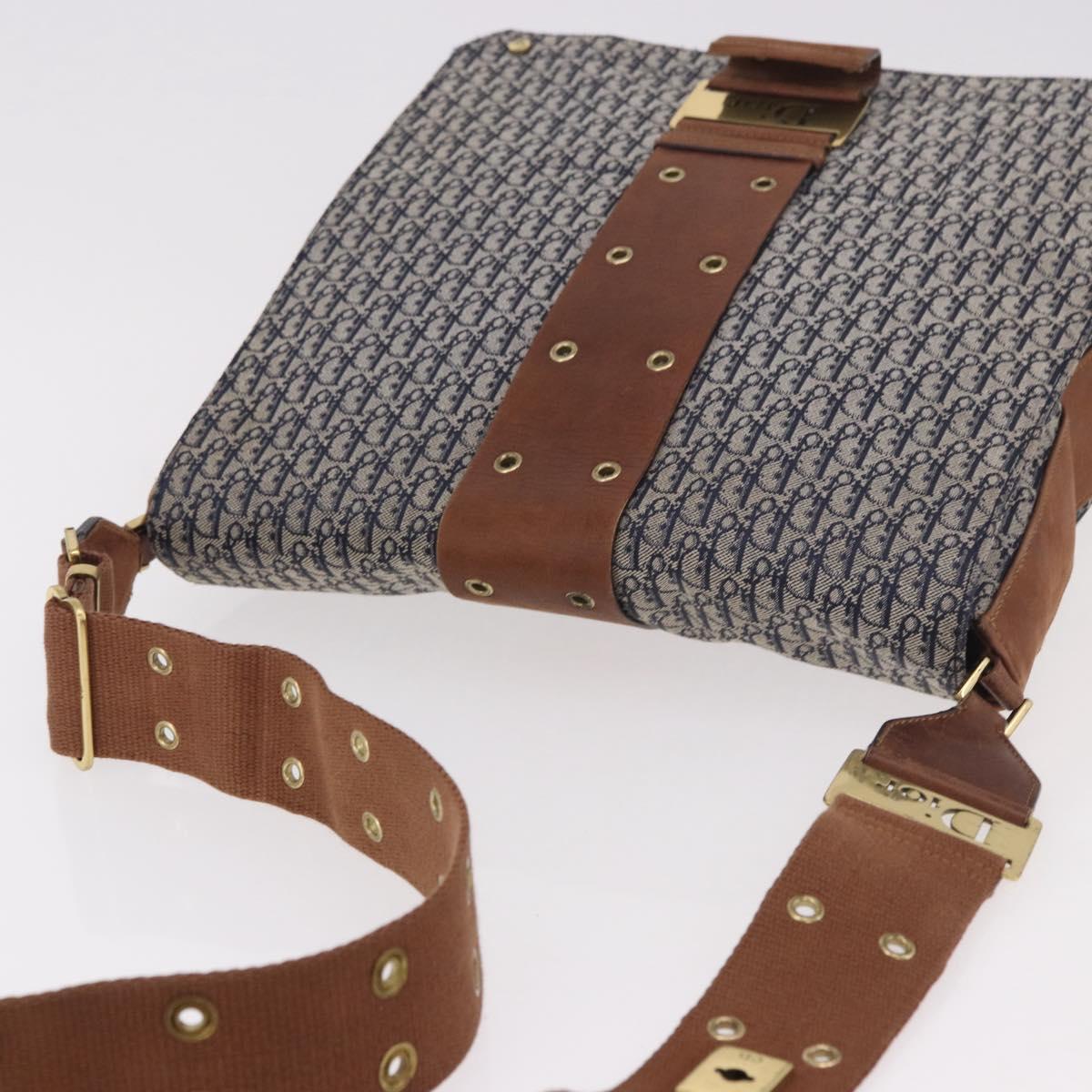 Christian Dior Trotter Canvas Shoulder Bag Navy Gold Auth bs35676A