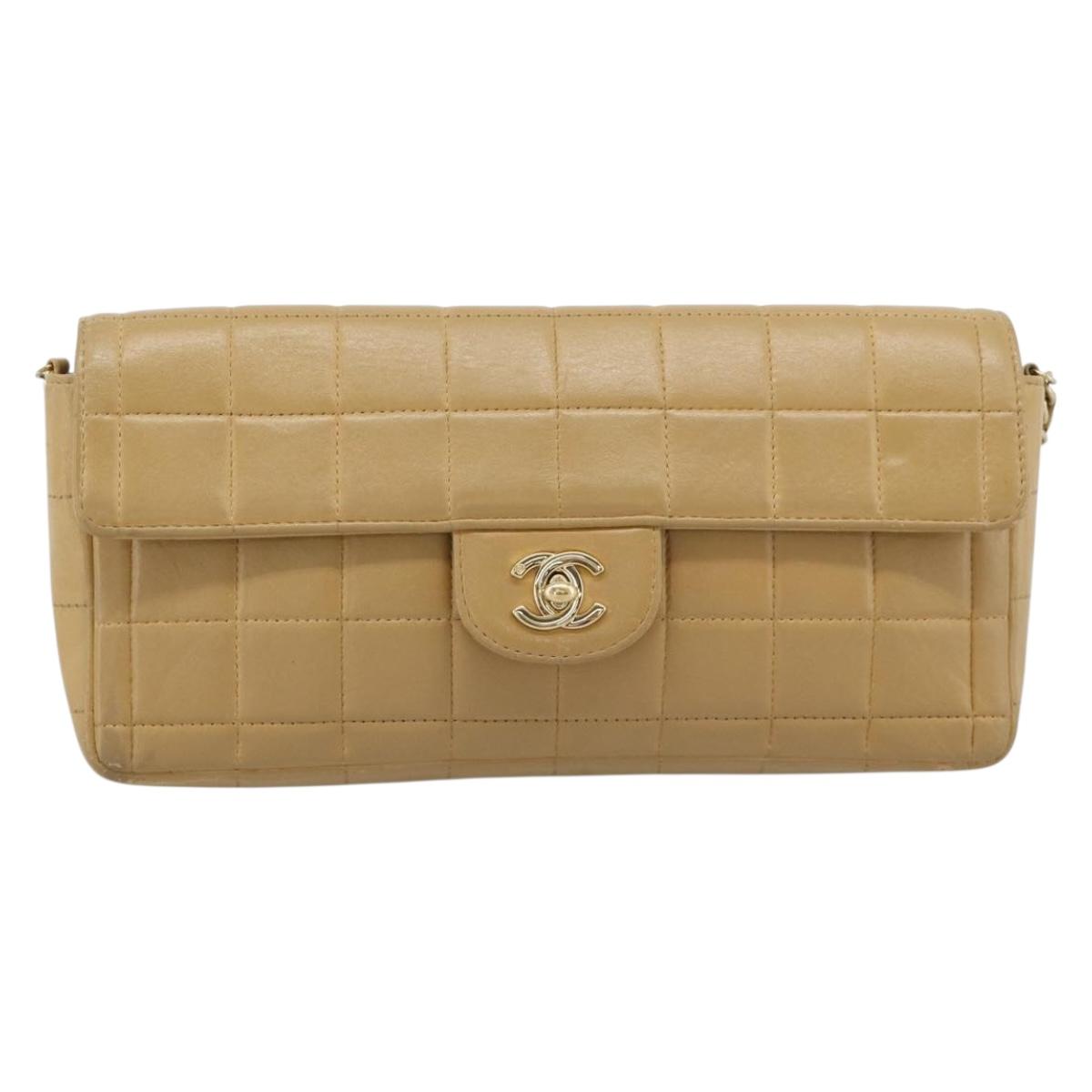 CHANEL Choco Bar Chain Shoulder Bag Lamb Skin Beige Gold CC Auth bs35679