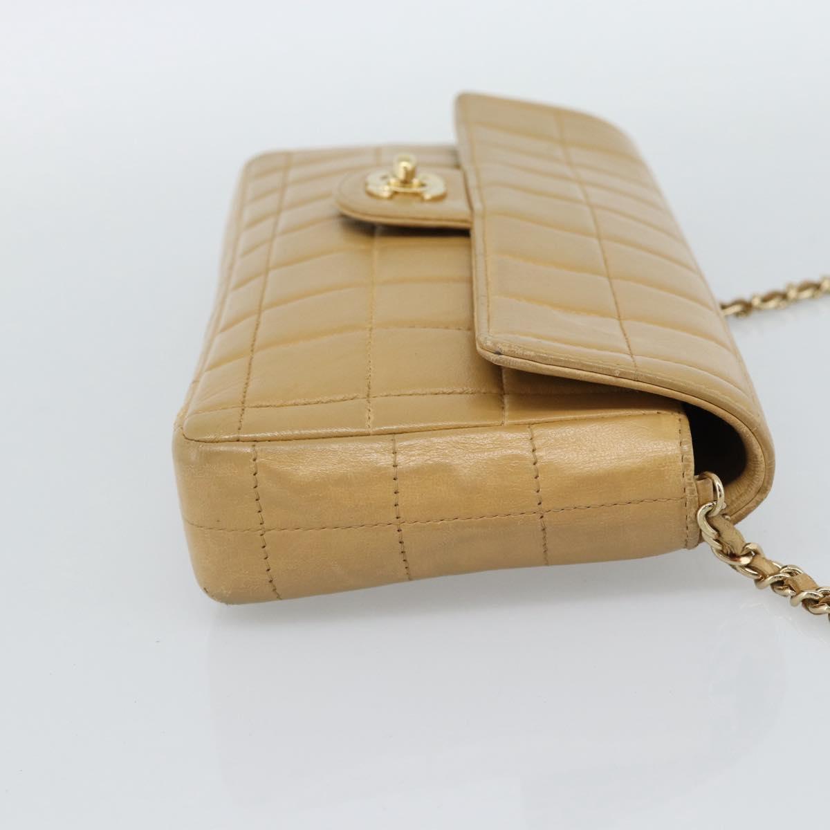 CHANEL Choco Bar Chain Shoulder Bag Lamb Skin Beige Gold CC Auth bs35679