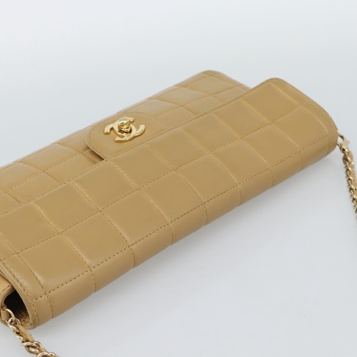 CHANEL Choco Bar Chain Shoulder Bag Lamb Skin Beige Gold CC Auth bs35679