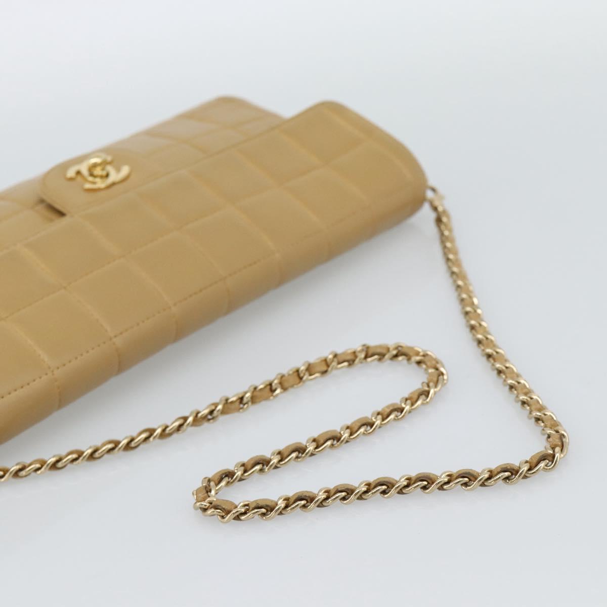 CHANEL Choco Bar Chain Shoulder Bag Lamb Skin Beige Gold CC Auth bs35679