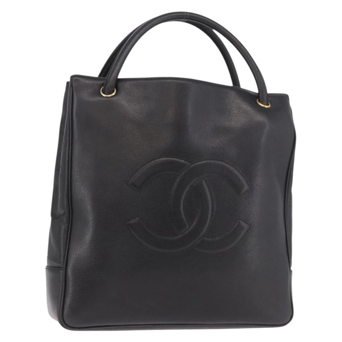 CHANEL Hand Bag Caviar Skin Black Gold CC Auth bs35681V