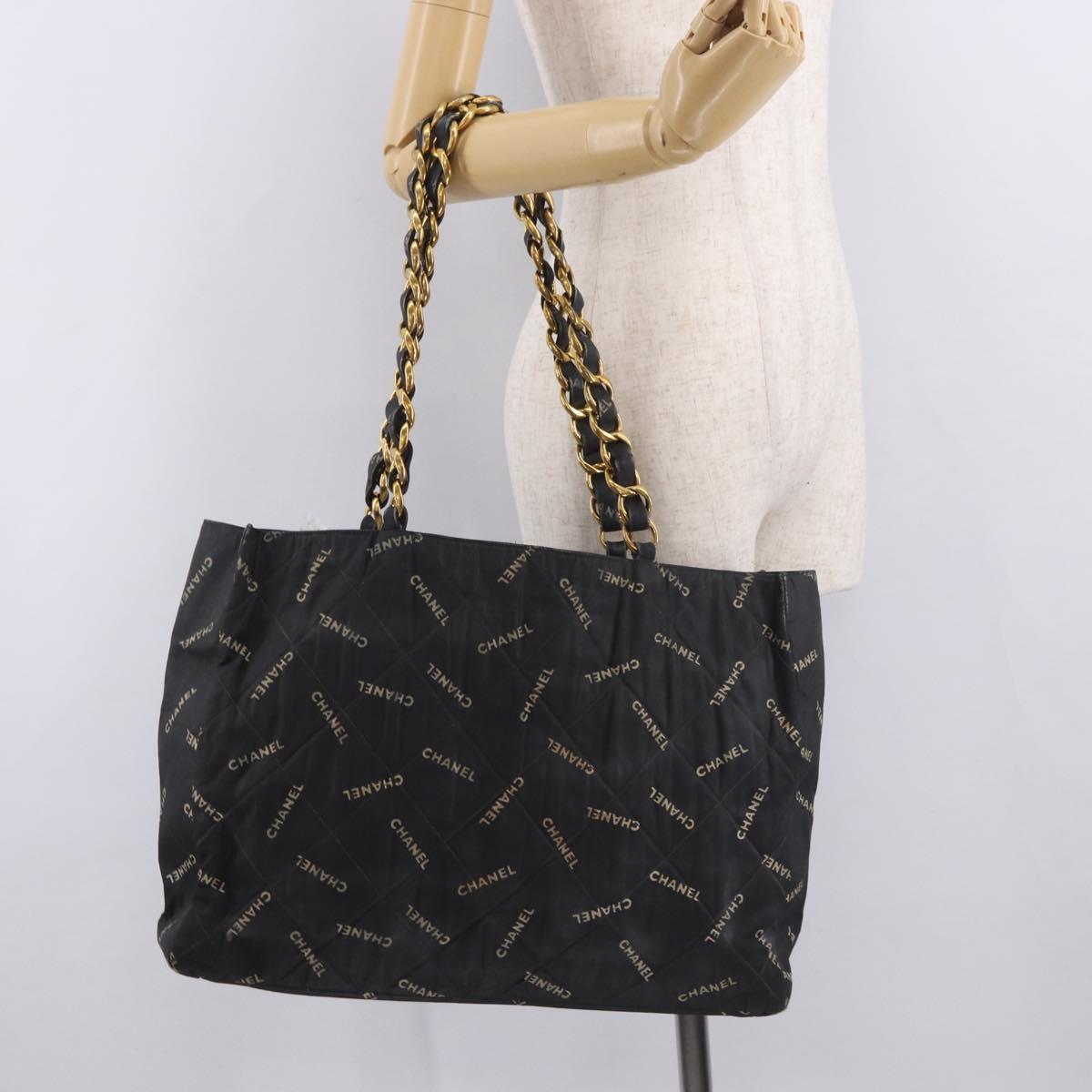 CHANEL Matelasse Chain Tote Bag Coated Canvas Black Gold CC Auth bs35682
