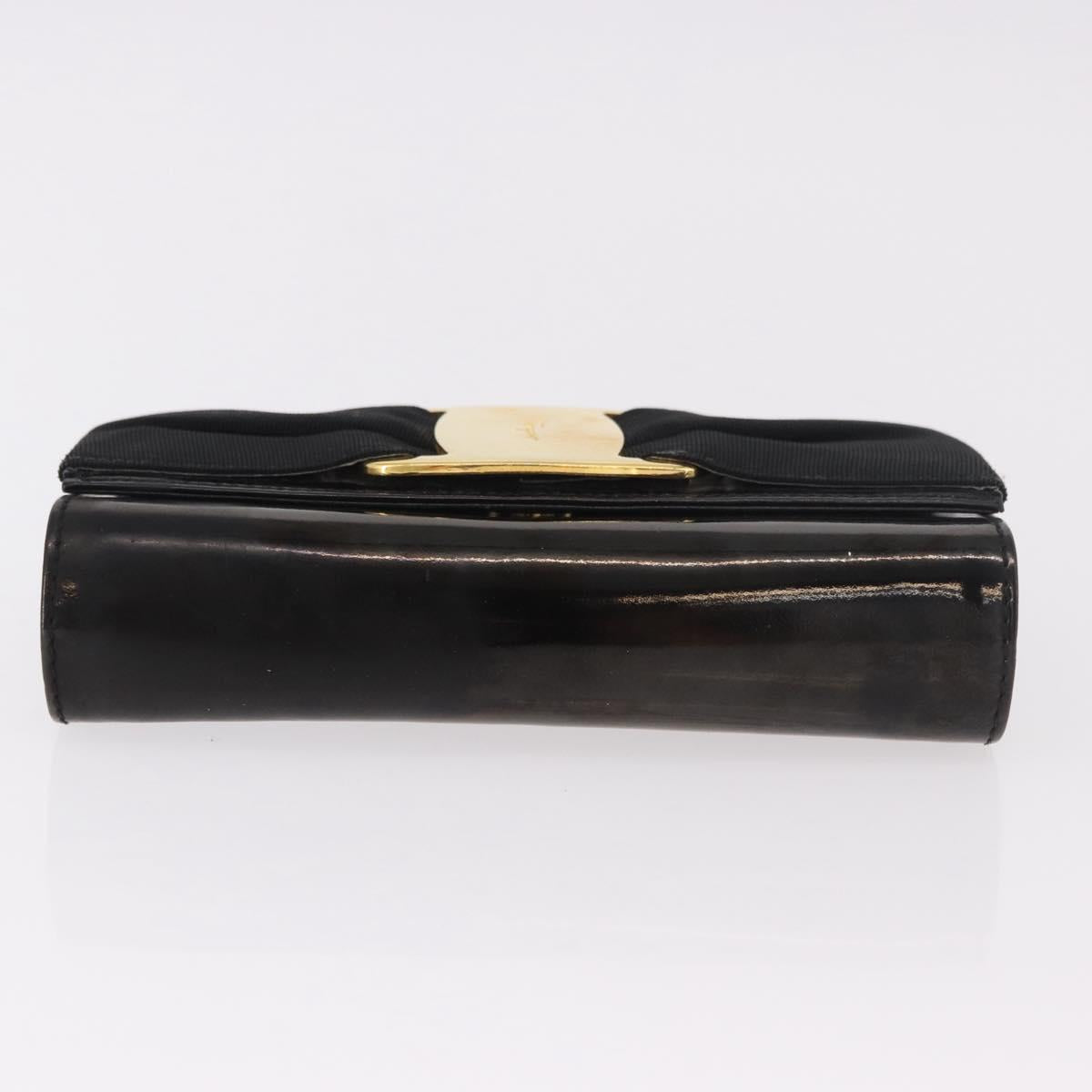 Salvatore Ferragamo Vara Ribbon Chain Bag Patent Leather Black Gold Auth bs35689