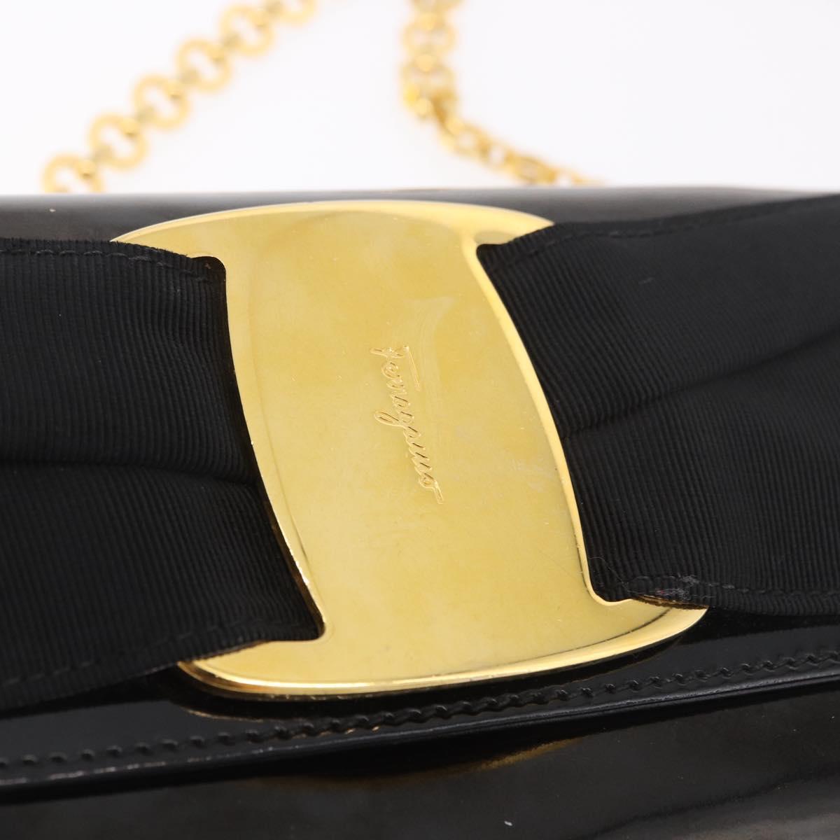 Salvatore Ferragamo Vara Ribbon Chain Bag Patent Leather Black Gold Auth bs35689