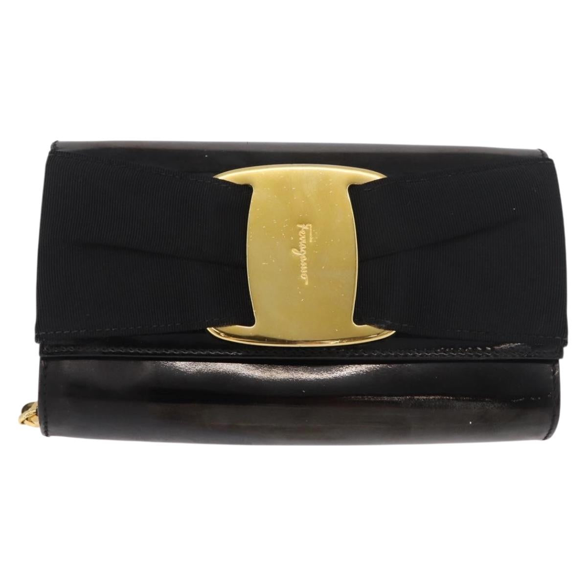 Salvatore Ferragamo Vara Ribbon Chain Bag Patent Leather Black Gold Auth bs35689