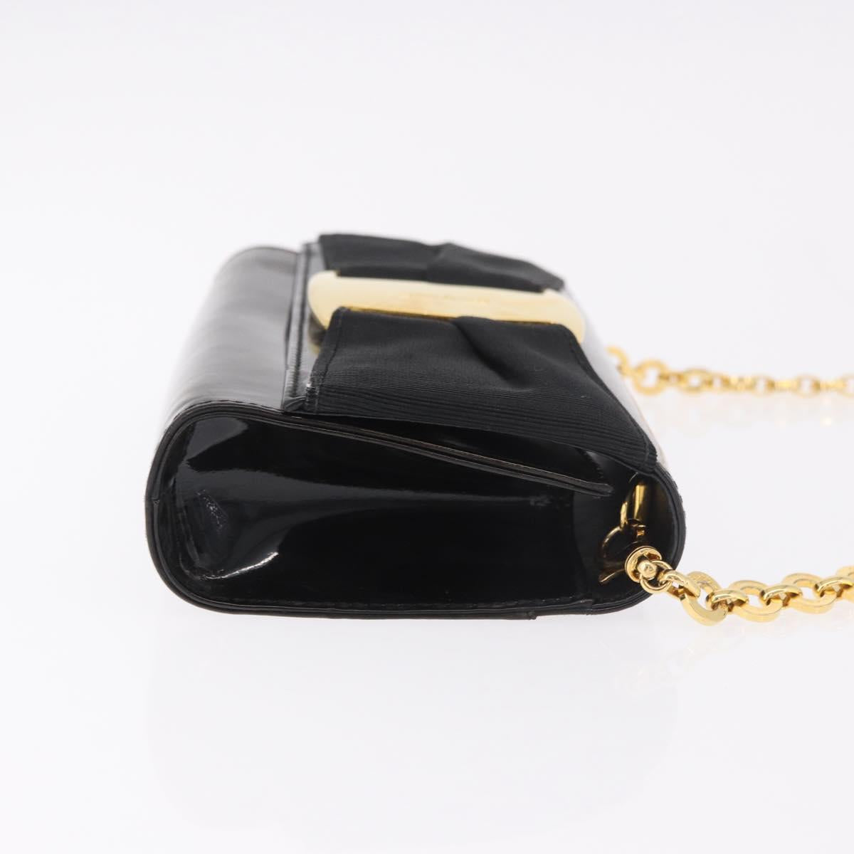 Salvatore Ferragamo Vara Ribbon Chain Bag Patent Leather Black Gold Auth bs35689