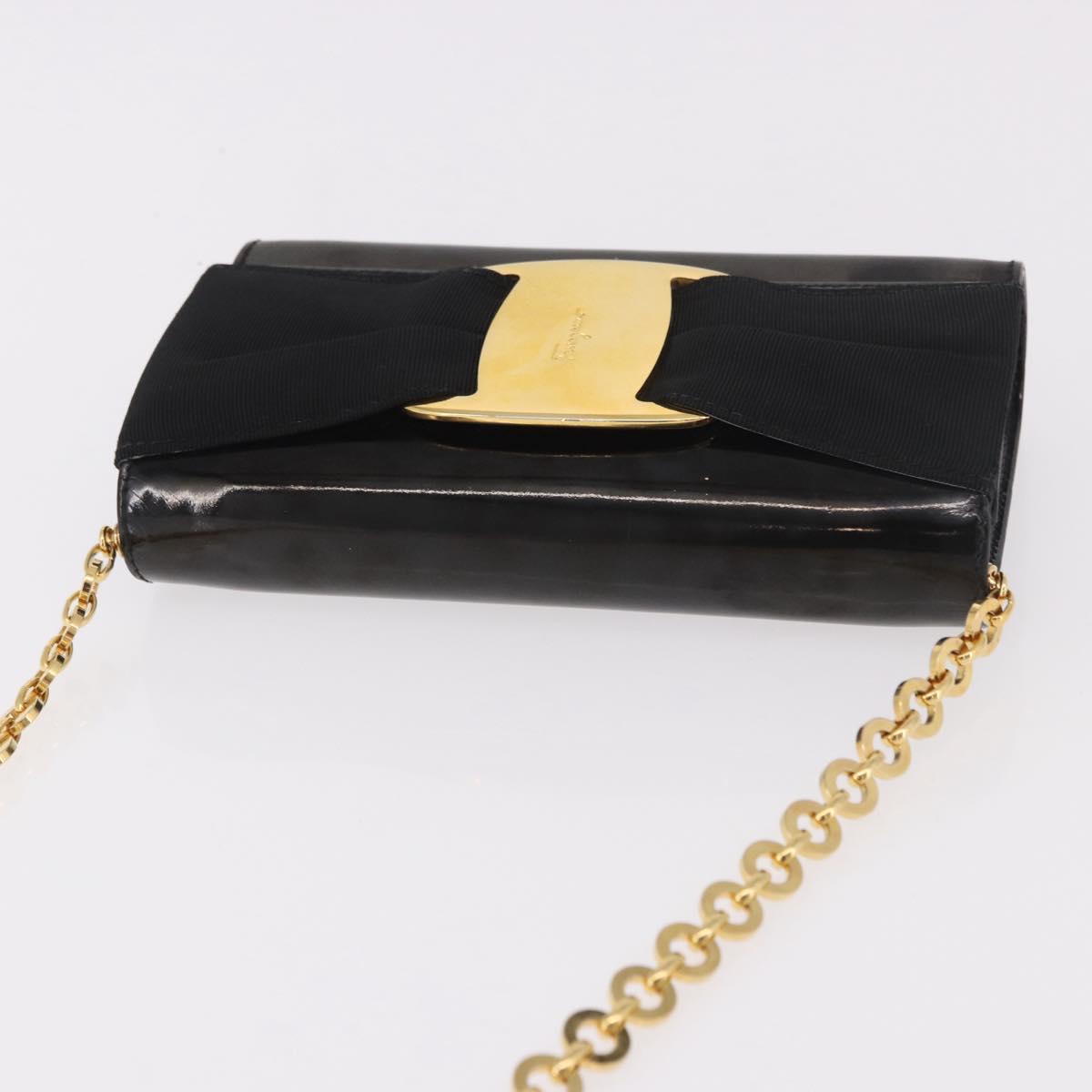 Salvatore Ferragamo Vara Ribbon Chain Bag Patent Leather Black Gold Auth bs35689