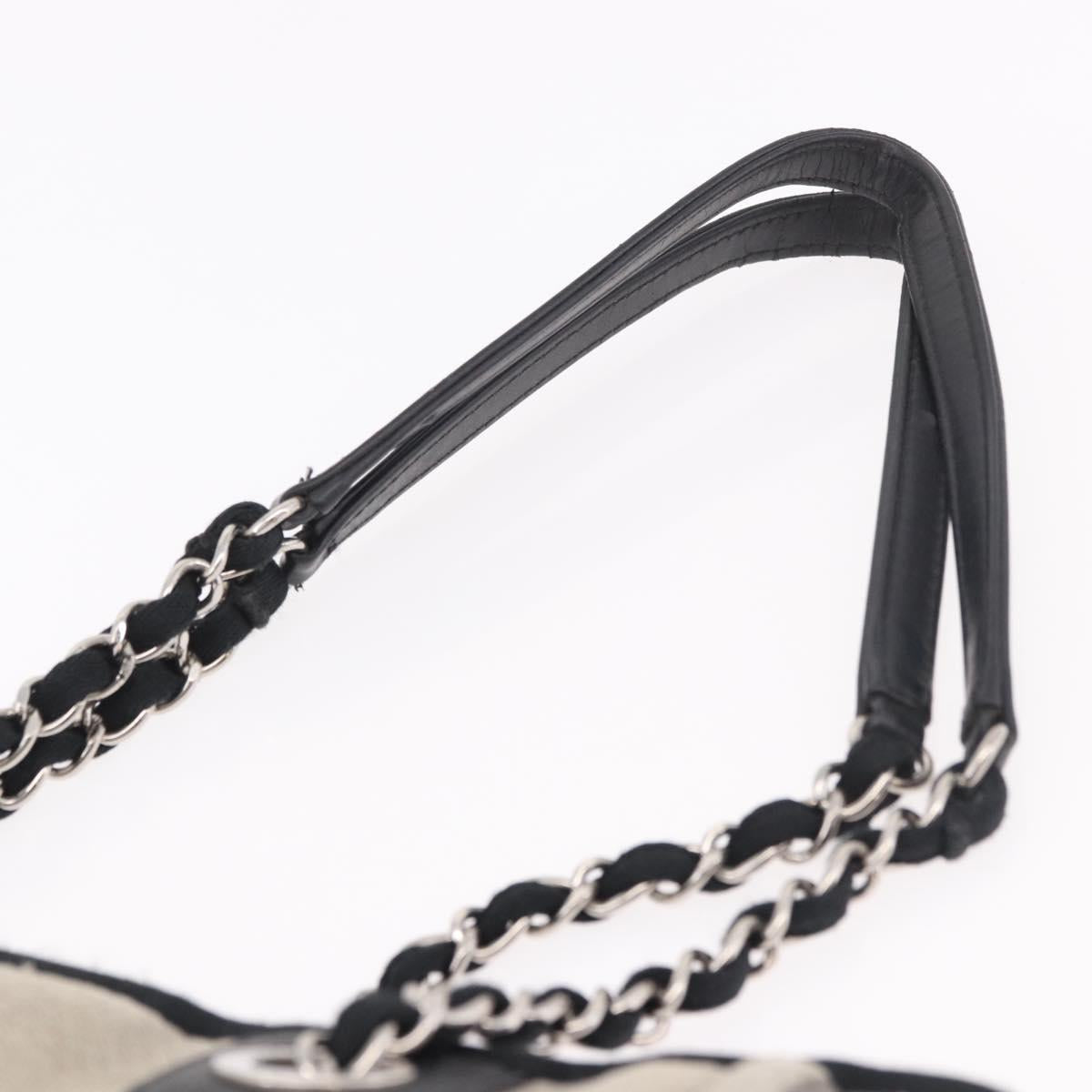 CHANEL Deauville Line Chain Tote Bag Canvas Gray Silver CC Auth bs35696