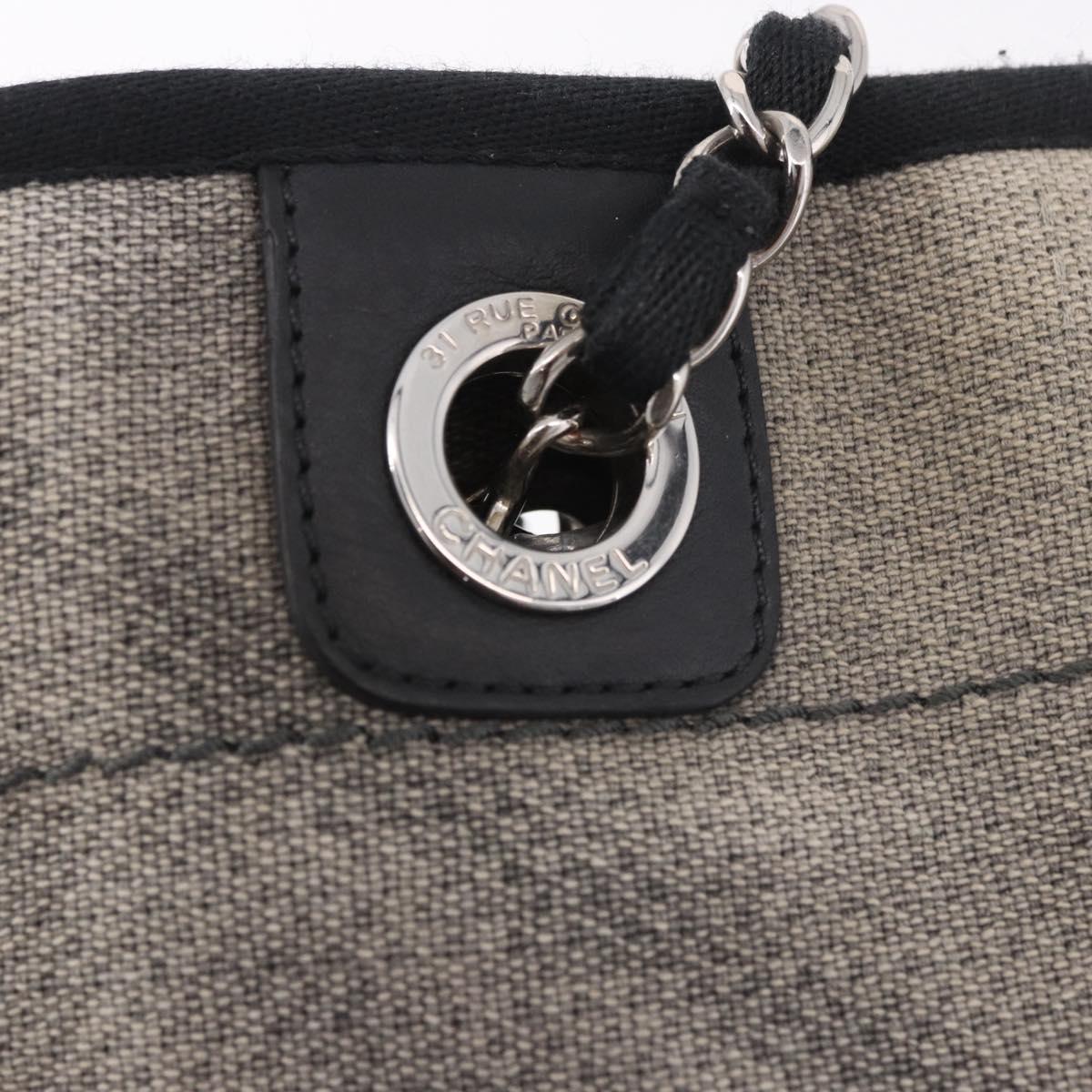 CHANEL Deauville Line Chain Tote Bag Canvas Gray Silver CC Auth bs35696