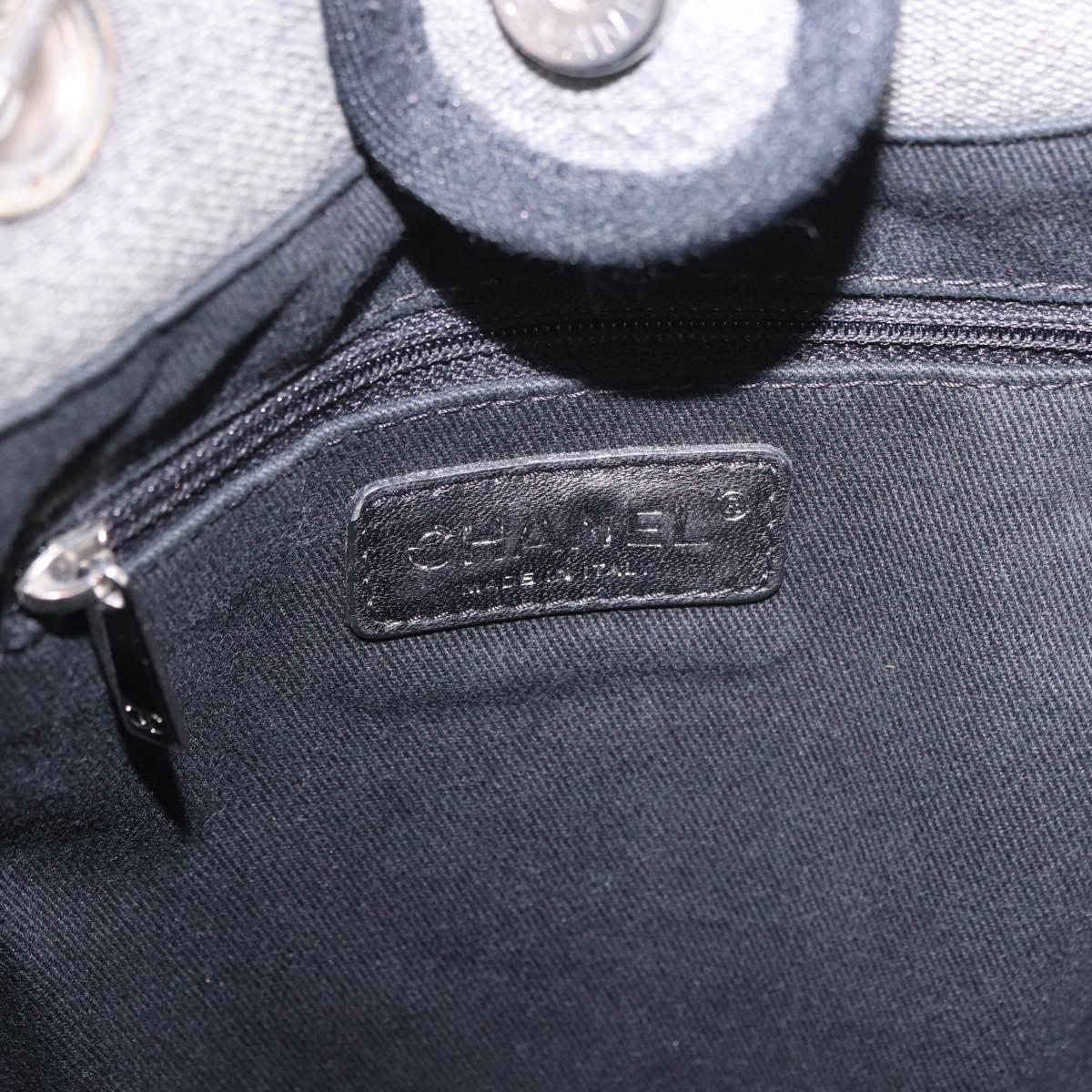 CHANEL Deauville Line Chain Tote Bag Canvas Gray Silver CC Auth bs35696