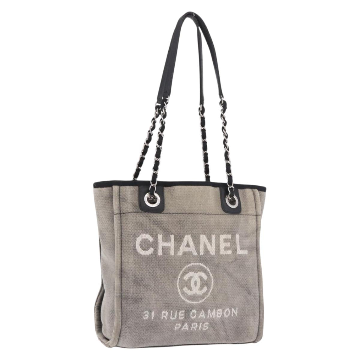 CHANEL Deauville Line Chain Tote Bag Canvas Gray Silver CC Auth bs35696