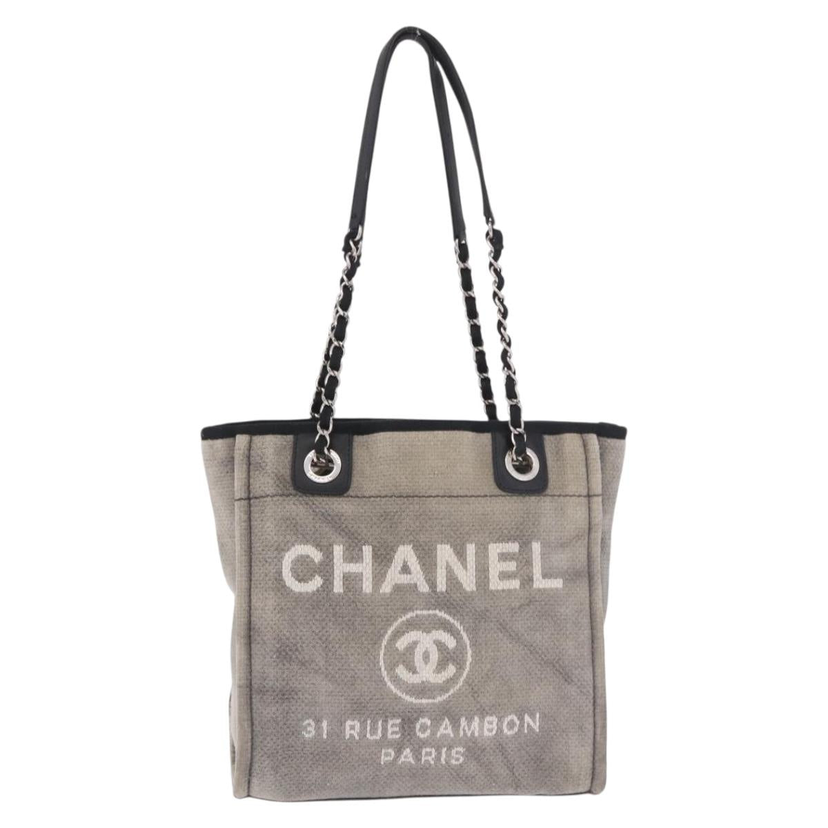 CHANEL Deauville Line Chain Tote Bag Canvas Gray Silver CC Auth bs35696