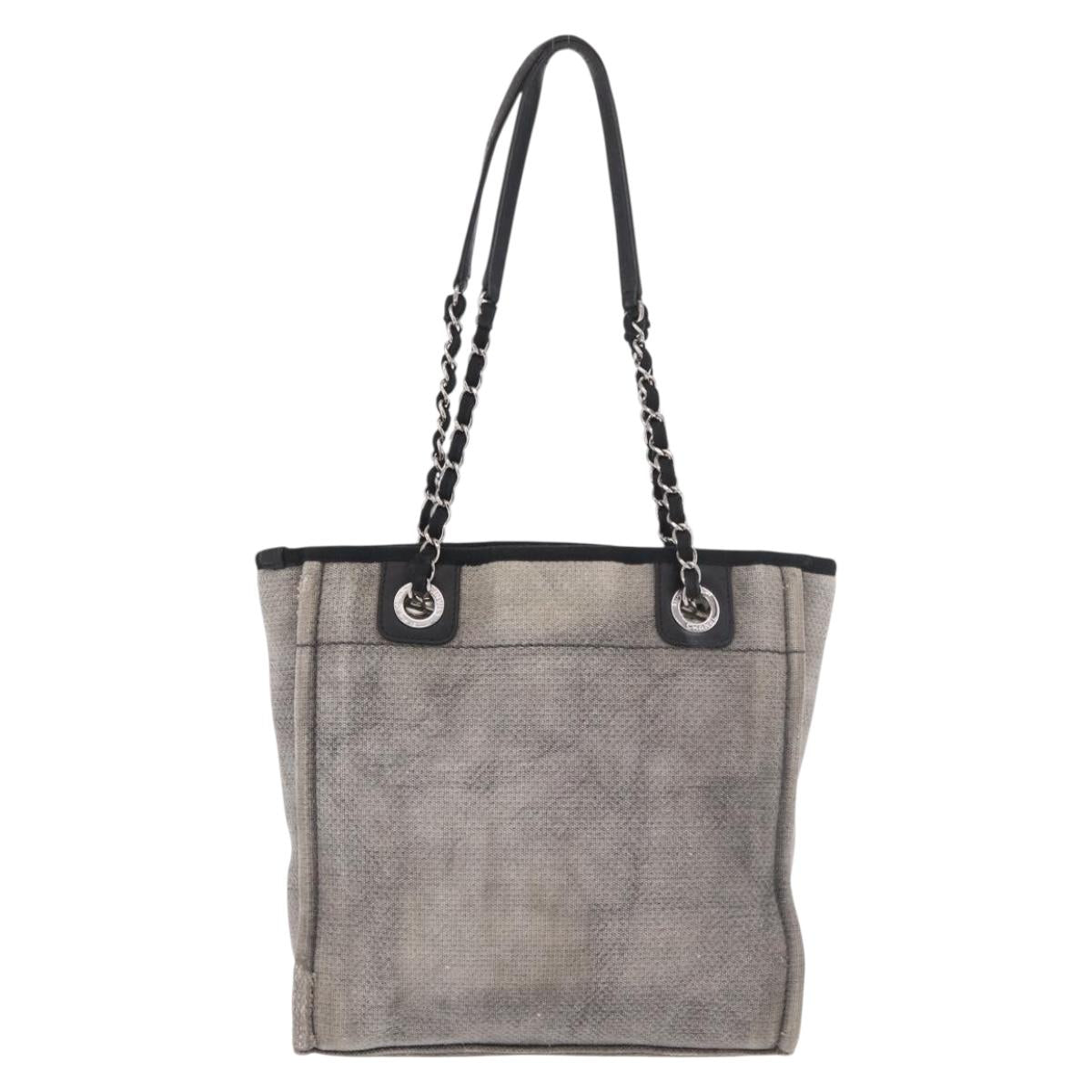 CHANEL Deauville Line Chain Tote Bag Canvas Gray Silver CC Auth bs35696